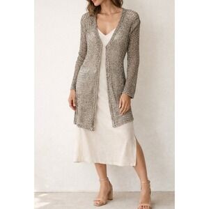 Resort Minimalism Madeleine Cardigan Size 4 Open Weave Linen Blend Longline Knit